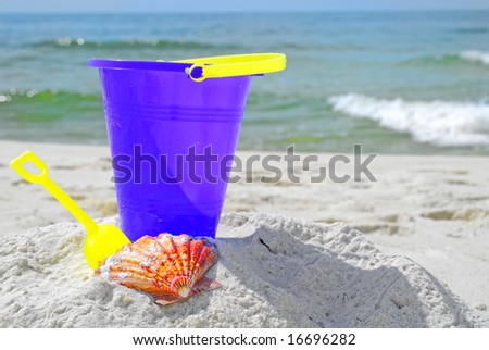 Purple pail and pretty seashell in sand by ocean