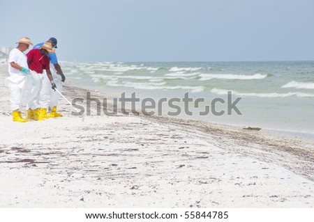 PENSACOLA BEACH - JUNE 23: BP oil workers attempt to clean the beach of oil on June 23, 2010 in Pensacola Beach, FL.