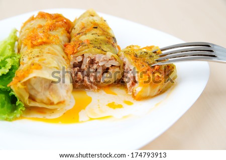 Cabbage rolls on a white plate.