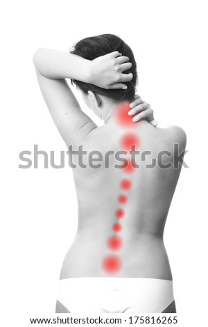 Pain in the back of women. Touching the neck.