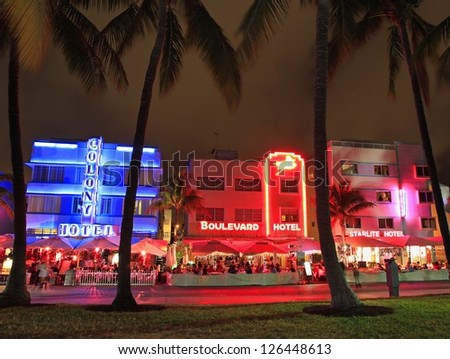 Miami Beach - December 29: Ocean Drive, The Center Of The Miami Art Deco District, Which Is Home To About 800 Preserved Buildings And Famous For Nightlife.Shot On December 29, 2012 In Miami Beach, Usa
