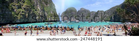PHI PHI ISLAND,THAILAND-JANUARY 3, 2015:Tourists on the wonderful Maya beach of Phi Phi Leh island Thailand on 3 January, 2015.