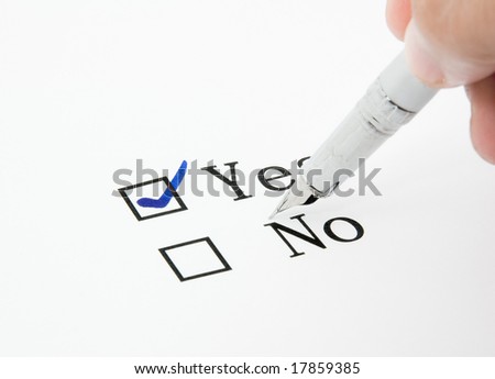Check boxes and hand with pen isolated on white background