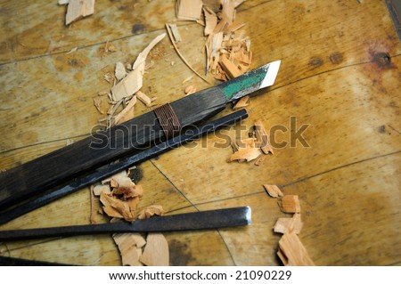Wood carving tools knife and chisel on the work table,these tools is 