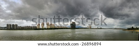 Fuzhou cityscape Panorama before storm in the southeast of China, viewed from Min riverside