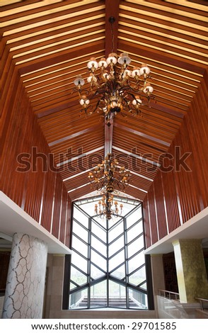 Vertical view on office ceiling with lamps