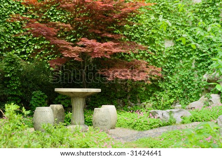 Chinese old style stone circular table and chairs in a garden in China