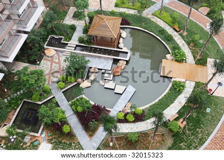 Top view of a beautiful garden in a Chinese new residential district