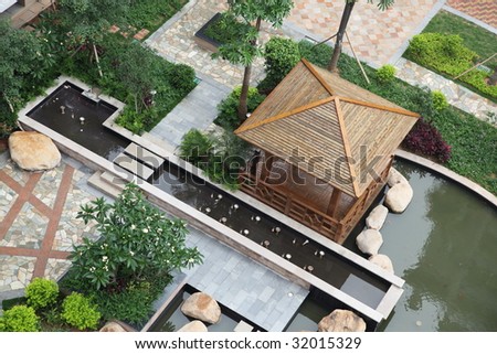 Top view of a beautiful garden in a Chinese new residential district