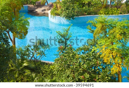 Swimming pool and trees in the garden in a new Chinese residential district