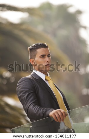 Confident young businessman at his office balcony