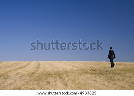 businessman in a field looking high to the future