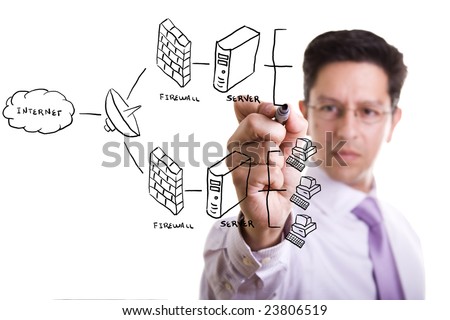 businessman drawing a security plan for a firewall system (selective focus)