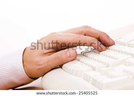men hand typing some words in a computer keyboard (selective focus)