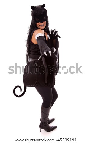 stock photo black cat woman showing her claws isolated on white 