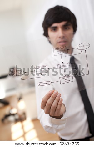 Happy businessman at his office showing a online order schema (selective focus with shallow DOF).