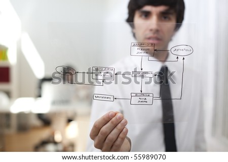 Happy businessman at his office showing a online order diagram (selective focus with shallow DOF).