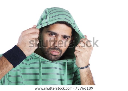 Young rapper posing isolated on white (selective focus)