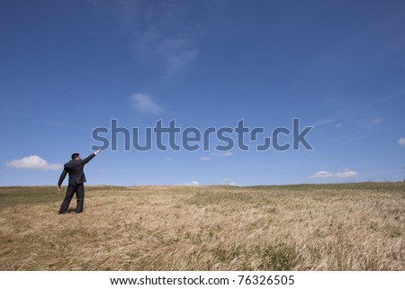 businessman looking away at the field and pointing to the sky