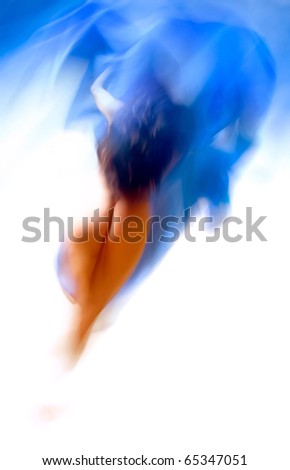 Attractive motion girl with flowing blue cloth isolated on white background.