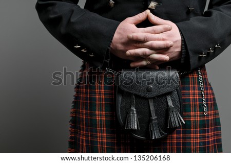 A man\'s hand clasped over a Scottish kilt and purse.