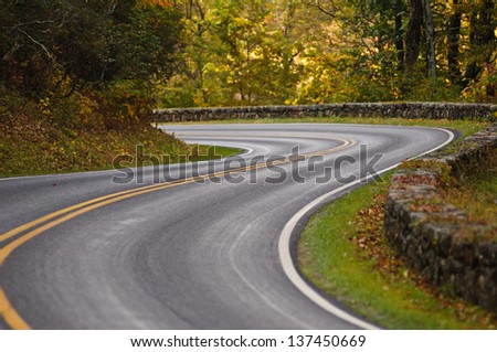S-curve road on Skyline Drive, tucked into the blue ridge mountains in Shenandoah National Park, Virgina.