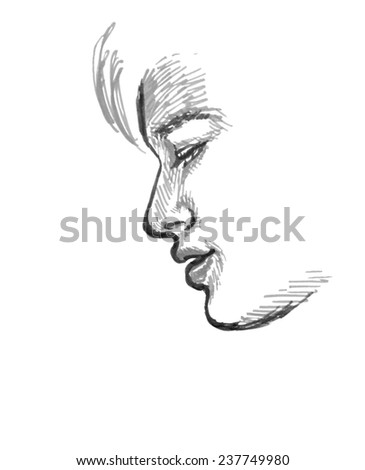 Sketch Of Boy, Side View Of Face, Hand Drawing In Grey Tones On White Background.