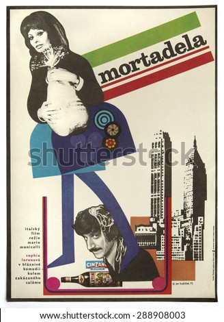 CZECHOSLOVAKIA - CIRCA 1973: poster printed in Czechoslovakia - Czech art design of Jiri Kubicek for italian movie La Mortadella - Lady Liberty with Sophia Loren, director - Mario Monicelli, 1971