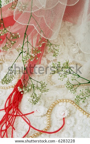 stock photo Wedding detail bride s dress with baby s breath flowers