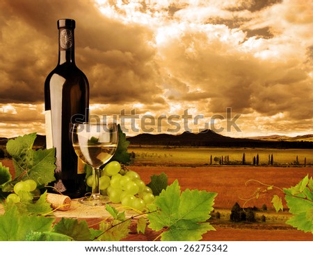 White wine on background of sunset landscape