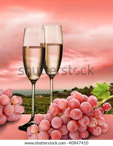 Champagne in pink tones with background of seaside vineyard
