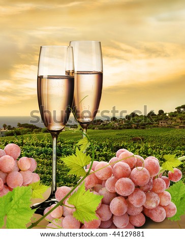 Champagne with background of seaside vineyard and pink grapes