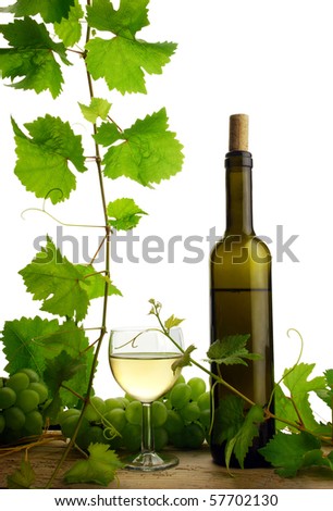 White wine with grapes and grapevine, isolated on white background
