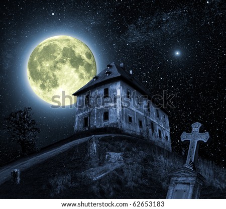 Night scene with full moon and haunted house