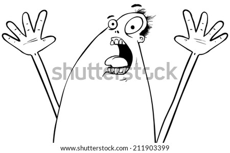 Man screaming and running away from something horrible cartoon outline illustration.