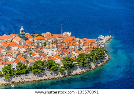 Aerial helicopter shoot of Korcula old town. Dubrovnik archipelago - Elaphites islands