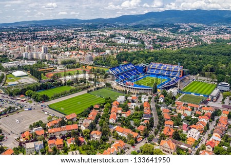 ZAGREB, CROATIA - MAY 26: Maksimir stadium is official field for Dinamo football club on May 26, 2012 Zagreb, Croatia. Helicopter aerial view.