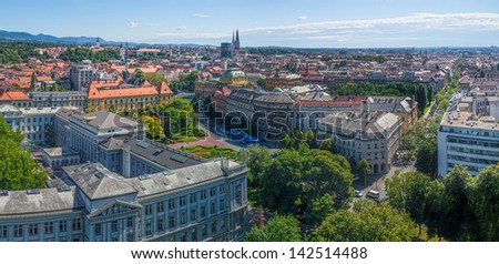 Panorama of the city center, Zagreb capitol of Croatia, with mail buildings, museums and cathedral in the distance.