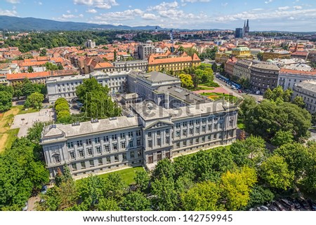 ZAGREB, CROATIA - JUNE 12: Panorama of the city center shoot from top of the skyscraper with a view to the museum Mimara and and cathedral in the distance on June 12, 2013 in Zagreb, Croatia.