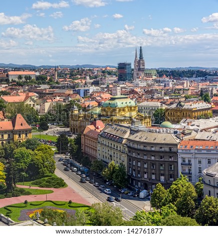 Zagreb, Croatia - June 12: Panorama Of The City Center Shoot From Top Of The Skyscraper With A View To The Intersection In Front Of National Theater On June 12, 2013 In Zagreb, Croatia.