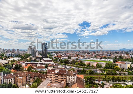 ZAGREB, CROATIA - JUNE 12: Panorama of the city shoot from top of the skyscraper with a view to the stadium of football club Zagreb on June 12, 2013 in Zagreb, Croatia.