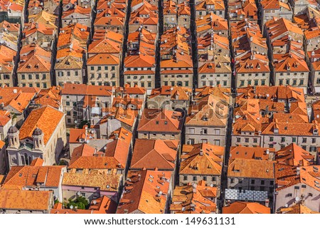 Aerial helicopter shoot of Dubrovnik old town roofs.
