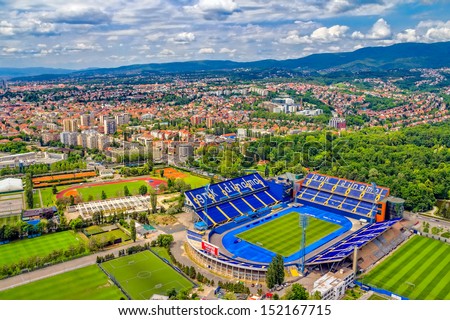 ZAGREB, CROATIA - MAY 26: Maksimir stadium is official field for Dinamo football club on  May 26, 2012 Zagreb, Croatia. Helicopter aerial view.