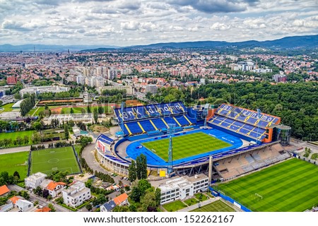 ZAGREB, CROATIA - MAY 26: Maksimir stadium is official field for Dinamo football club on May 26, 2012 Zagreb, Croatia. Helicopter aerial view.