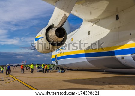 ZAGREB, CROATIA - NOVEMBER 10: Side view of  Antonov 225 Mriya airplane while loading heavy weight cargo shoot under the wing on November 10, 2013 Zagreb, Croatia.