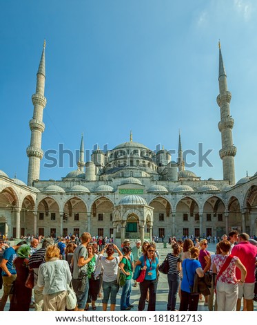 ISTANBUL, TURKEY - SEPTEMBER 27: Tourists waiting in line to visit Blue mosque as the biggest mosque of Sultan Ahmed on September 27th, 2013 Istanbul, Turkey.