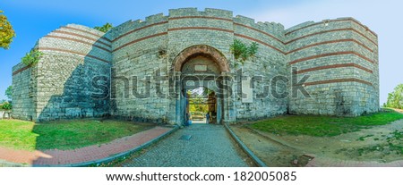 ISTANBUL, TURKEY - SEPTEMBER 28: Stiched panorama of the famous ancient walls of Constantinople in Istanbul, Turkey on September 28th, 2013 Istanbul, Turkey.