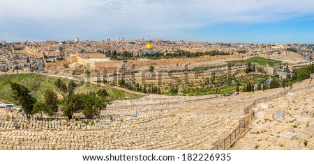 Dome of the Rock and Dome of the Holy Sepulcher in beautiful panorama of Jerusalem from Mount of Olives.