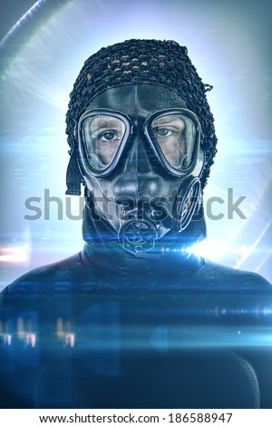 Android portrait with fear in his eyes and with gas mask without filters after Apocalypse. Lot of lights and flares. Male figure with boobs.