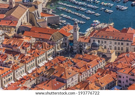 Aerial helicopter shoot of Dubrovnik old town with a view to the main street Stradun (Placa).